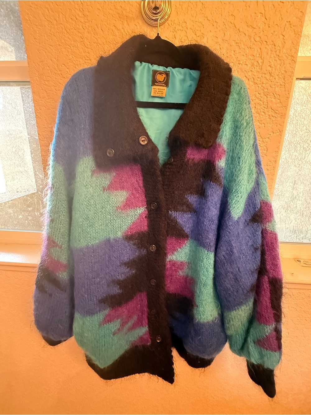 VTG Genuine Irish Fully Lined Mohair  Turquoise, Purple & Black Jacket Size Xl